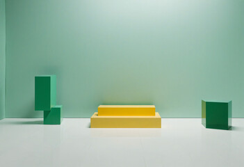 Abstract background trendy composition with geometric shapes forms. Exhibition podium, platform for product presentation on light green background