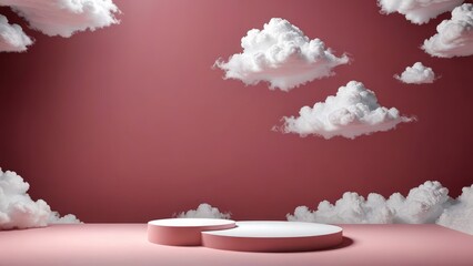 A white platform in the midst of a room with a 3D-rendered backdrop of maroon and red clouds, circular and swirling, set against a blue sky, indicative of beautiful weather