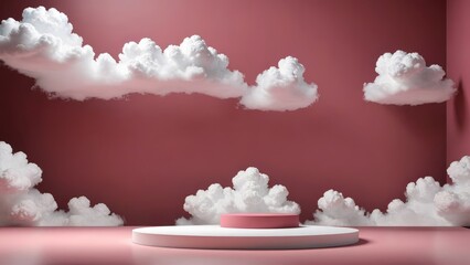 A white platform in the midst of a room with a 3D-rendered backdrop of maroon and red clouds, circular and swirling, set against a blue sky, indicative of beautiful weather