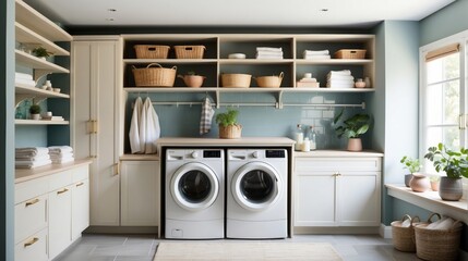Modern laundry room with an open air hanging rack and generous proportions - obrazy, fototapety, plakaty
