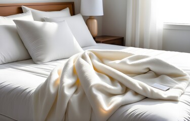 White folded duvet on white bed. household, domestic activities, hotel and home