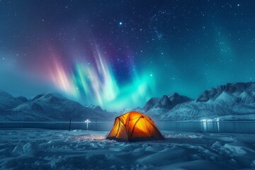 Under a starry winter sky, a tent stands alone in a snowy landscape, a testament to the adventurous spirit of those who brave the great outdoors