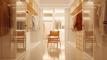 a modern dressing room interior adorned with stylish clothes, shoes, and a large mirror, reflecting the epitome of elegance and sophistication in personal style.