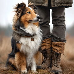 Well-behaved, obedient collie sits well at heel