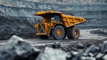 open pit mining with a realistic photograph featuring a large yellow mining dump truck extracting anthracite coal, showcasing the scale and machinery involved in the mining industry.