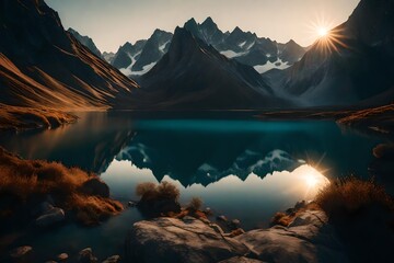 An immense panorama of a mountainous terrain, a serene lake at its center, the surrounding peaks forming a stunning backdrop under the soft light of a setting sun