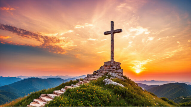 A photo of a cross positioned on top of a hill, with a vibrant sunset as the backdrop