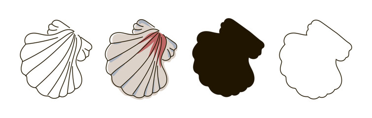 Shell set drawn in single line style, doodle, black silhouette and outline . Marine illustration. Shells. Vector illustration on white background