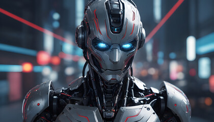 Fototapeta premium Futuristic Humanoid Robot With Blue Illumination Against a Digital Background