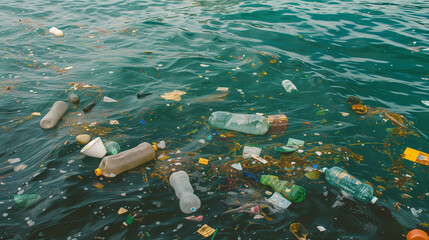 Fototapeta na wymiar Plastic and other trash floating in the ocean. Effect of modern consumption on environment.