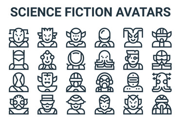 linear pack of science fiction avatars line icons. linear vector icons set such as space pirate, alien, cyborg, alien, humanoid. vector illustration.