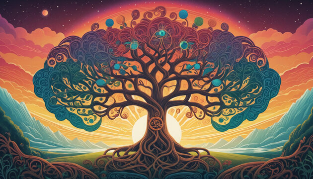 Vivid Psychedelic Yggdrasil Tree Of Life And World Tree Of Viking Mythology With Radiant Colors. Fairytale Landscape And Background. Generative AI - Powered by Adobe