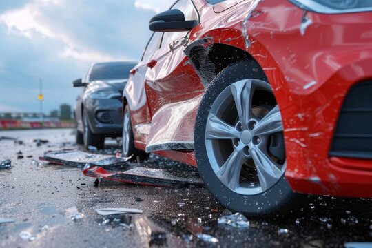 Amidst a fiery sky, a red car sits parked on the side of the road, its damaged wheel revealing the brutal aftermath of a tragic car accident