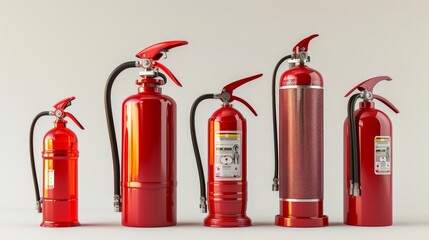 Fire extinguishers isolated on white background. Various types of extinguishers. 3d illustration - obrazy, fototapety, plakaty