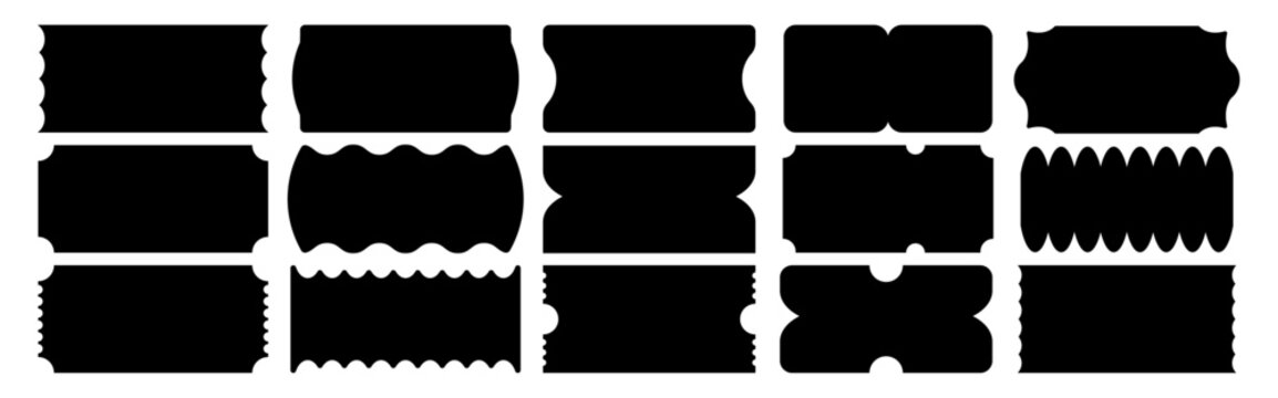 Rectangular coupon frames. Square jagged curved box vouchers. Geometric zigzag wavy stickers. Vector illustration of coupon price labels