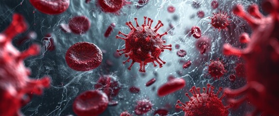 Microscopic Menace: A Highly Detailed 3D Rendering of Infectious Virus Particles in Vivid Colors, Representing Biological Research and Health Challenges, Generative AI