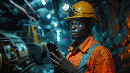 a young African mine worker in protective gear while holding a cell phone, with coal mine equipment in the background, the modern technology and safety measures integrated into mining operations.