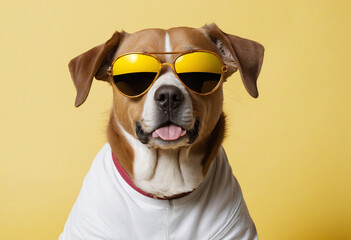 Anthropomorphic portrait of successful dog in sunglasses on yellow background. Dog that looks like boss