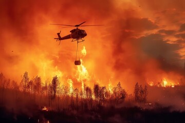 A rotorcraft soars through the smoky sky, carrying a life-saving bag of water to quell the destructive wildfire raging in the forest below