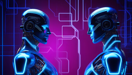 Futuristic Humanoid Robots looking at each other With Blue Illumination Against a Digital Background
