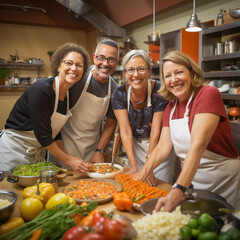 Three women and a man smile at the camera showing their finely chopped vegetables.Traditional method of preparing vegan food. Image of traditional Italian cuisine made of fresh ingredients.
