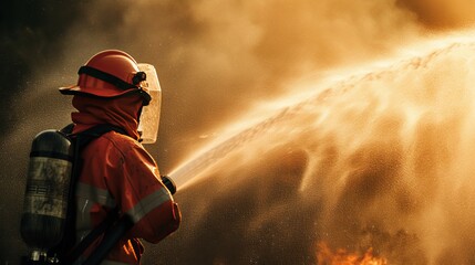 Firefighter in the training with fire hose nozzle spraying high pressure water to fire, Firefighter wearing a fire suit for safety under the danger case - obrazy, fototapety, plakaty