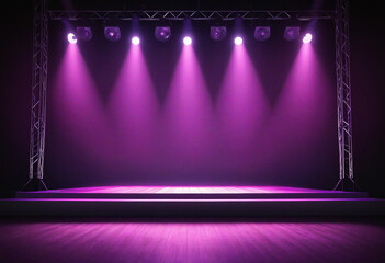 Empty concert stage with illuminated neon glowing spotlights. Stage background with copy space