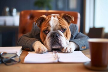 A refined bulldog, sipping coffee and engrossed in a book at his indoor desk, embodies the perfect blend of sophistication and companionship as man's best friend