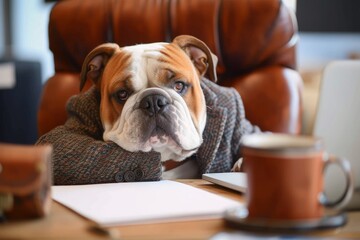 A majestic bulldog lounges in a cozy armchair, basking in the warmth of an indoor setting while patiently waiting for its owner to return with a cup of coffee