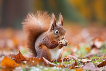 Naklejka na ściany i meble Amidst the vibrant hues of autumn, a fluffy grey squirrel feasts on a nut, its bushy tail twitching with contentment in the great outdoors