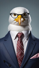 Seagull dressed in an elegant suit with a nice tie, wearing glasses. Fashion portrait of an anthropomorphic animal, bird, gull, shooted in a charismatic human attitude - Generative AI