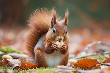 A furry mammal with a bushy tail, the squirrel savors an autumn treat among the grass and fallen leaves, showcasing the beauty of wildlife in its natural habitat
