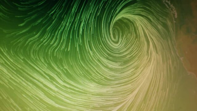 Vortex over Pacific Pixels visible Moving camera shot of a computer screen. Weather  wind satellite view map. Precipitations, temperatures, air pressure.