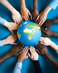 Generative AI image of Around The World. Multiracial hands making a circle together around the world glob: peace, earth, multiracial, hand, oneness, togetherness, diversity, blue, symbol, race - obrazy, fototapety, plakaty