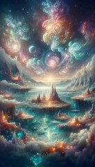 A vertical view of a transcendent world, showcasing ethereal landscapes, floating islands, and mystical structures under a nebula-like sky, with exotic, luminescent plants.
