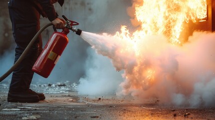 Man using fire extinguisher fighting fire closeup photo