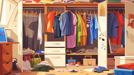 Messy wardrobe. Cleaning throwing things home closet, organize clothing order before mess dress cupboard, untidy lifestyle concept clutter clothes cartoon neat vector illustration of wardrobe messy - obrazy, fototapety, plakaty