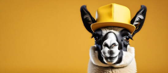 funny llama in a cap, April Fool's Day, on a yellow background, banner, place for text - obrazy, fototapety, plakaty
