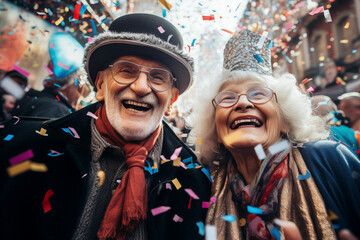 The 70 year old couple smiles at the carnival with confetti. Nice retired couple celebrating carnival laughing and enjoying the party. - obrazy, fototapety, plakaty