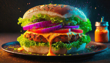 Um hamburger em primeiro plano, sobre uma mesa e vidro com molho ao fundo. - obrazy, fototapety, plakaty