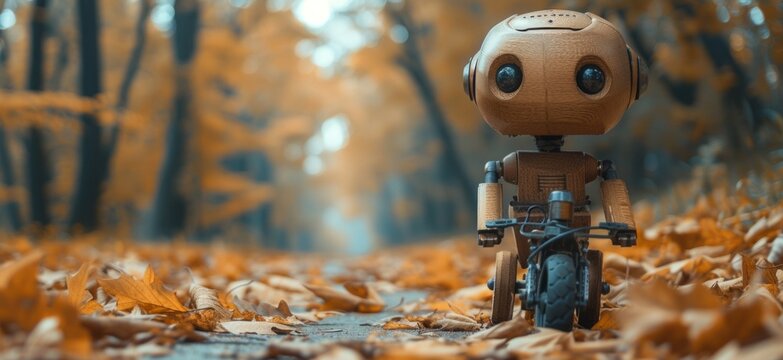 a wooden robot on a bicycle on the pathway in autumn