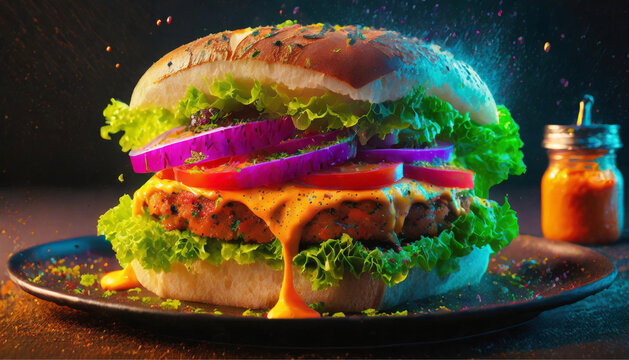Um hamburger em primeiro plano, sobre uma mesa e vidro com molho ao fundo.