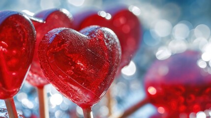 Red Lollipop in the Shape of a Love Heart. Valentine’s Day Background.