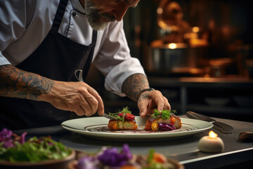 A chef plating a gourmet dish in a high-end restaurant, highlighting culinary art and fine dining....