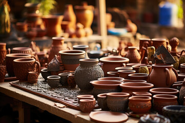 A traditional pottery workshop with various ceramic pieces, showcasing cultural heritage. Concept of artisan skills and cultural traditions. Generative Ai. - obrazy, fototapety, plakaty