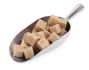 Brown sugar cubes in metal scoop isolated on white