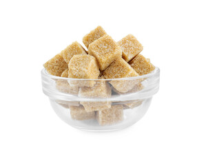 Brown sugar cubes in glass bowl isolated on white