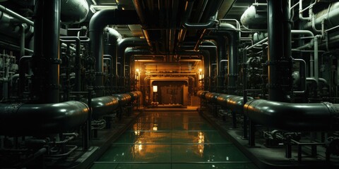 A massive engine room, with towering engines and a labyrinth of pipes. Generative AI.
