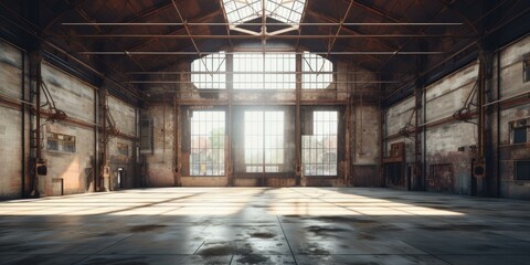An expansive, abandoned warehouse with vast open space. Generative AI. - obrazy, fototapety, plakaty