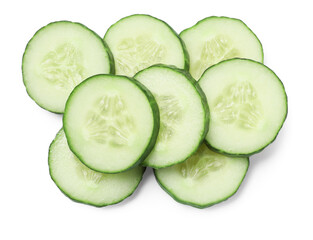 Slices of fresh cucumber isolated on white, top view